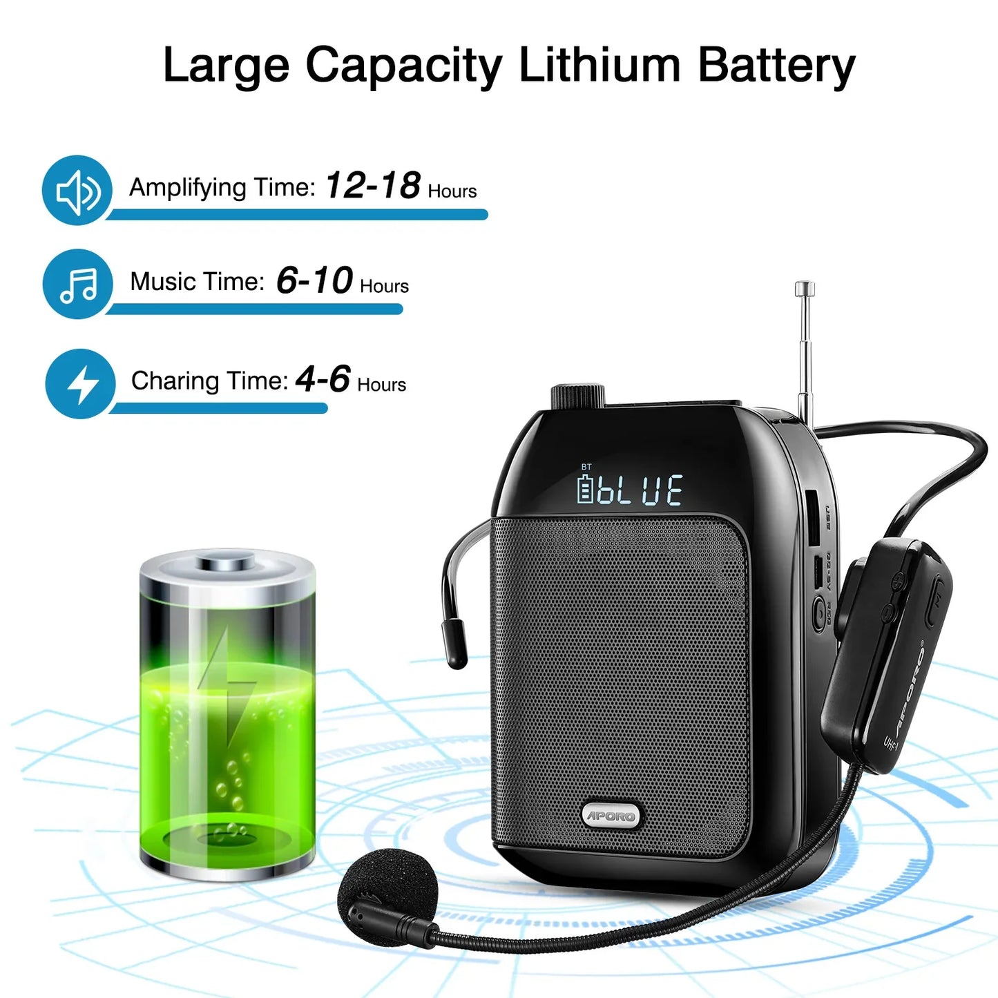 Black apolo bluetooth uhf wireless voice amplifier portable with built-in mic and antenna for teaching lecture tour use