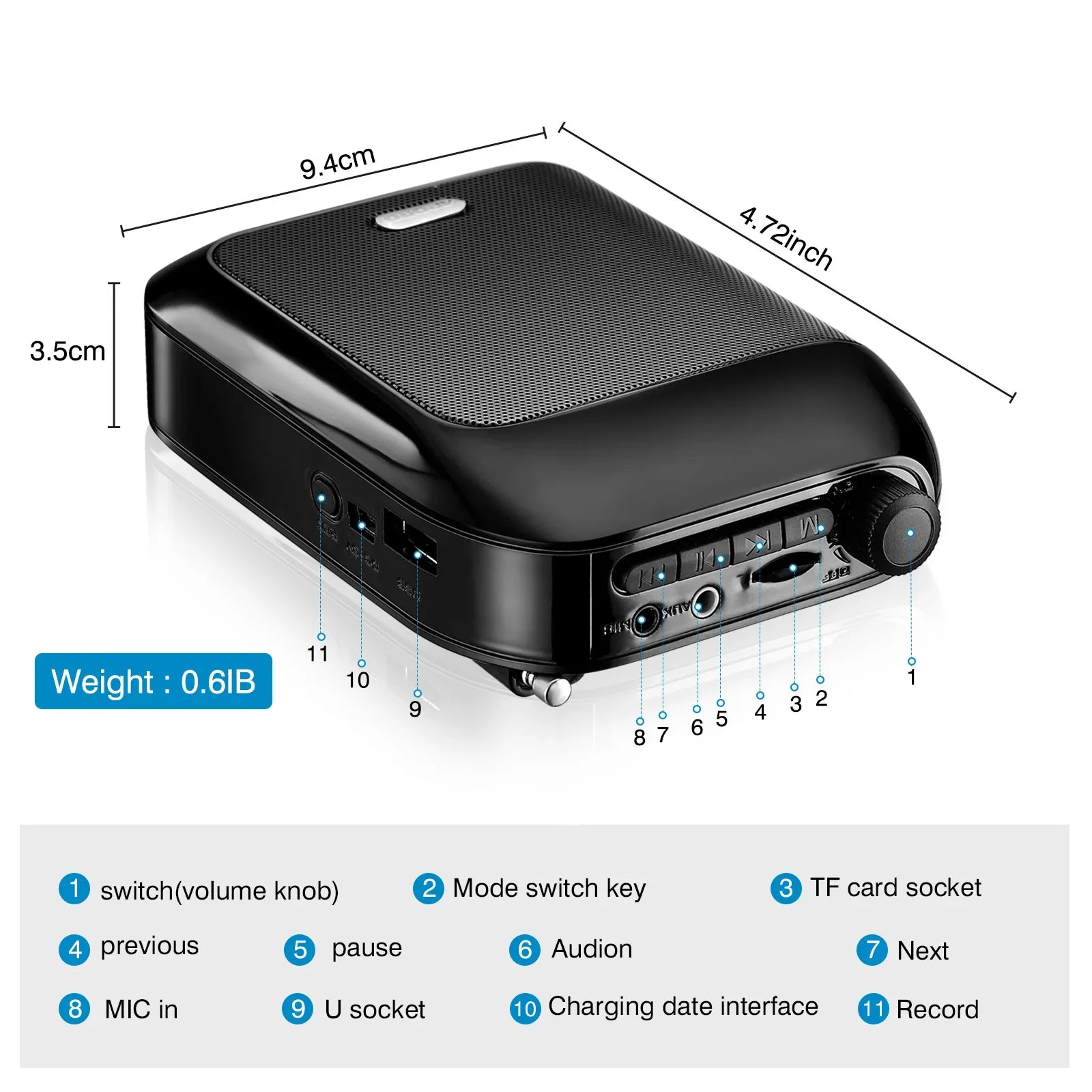 Black bluetooth uhf wireless voice amplifier portable with textured grille and multiple input ports for teaching lecture tour use