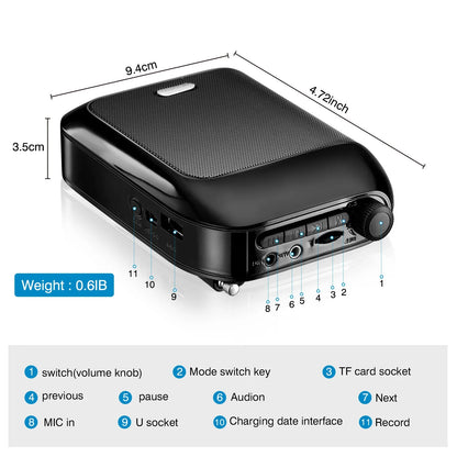Black bluetooth uhf wireless voice amplifier portable with textured grille and multiple input ports for teaching lecture tour use