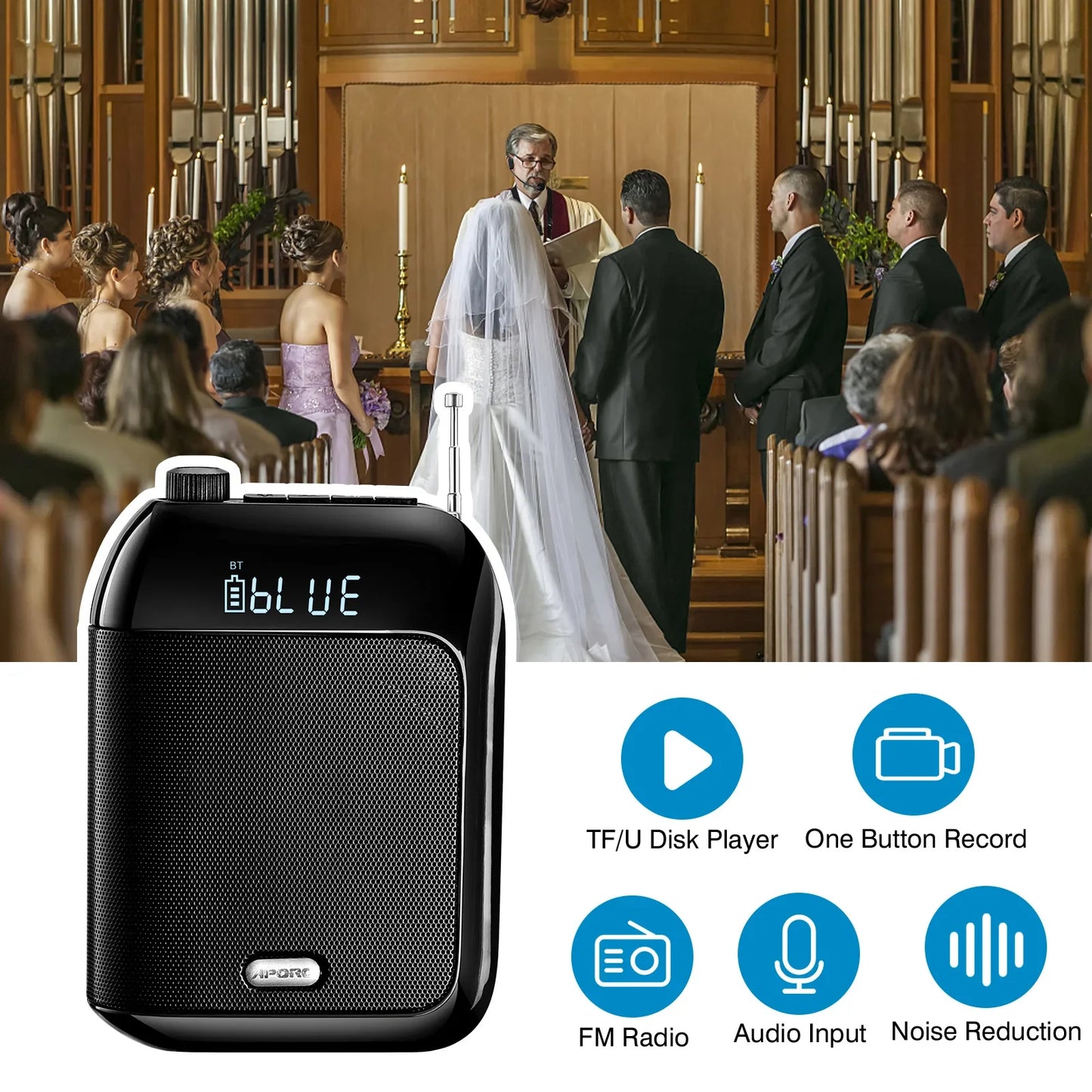 Black portable bluetooth uhf wireless voice amplifier with textured grille and digital display for teaching lecture tour use