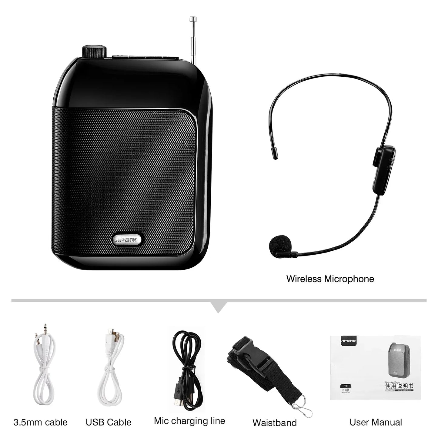 Black a-port bluetooth uhf wireless voice amplifier portable with compact speaker and headset for teaching lecture tour use