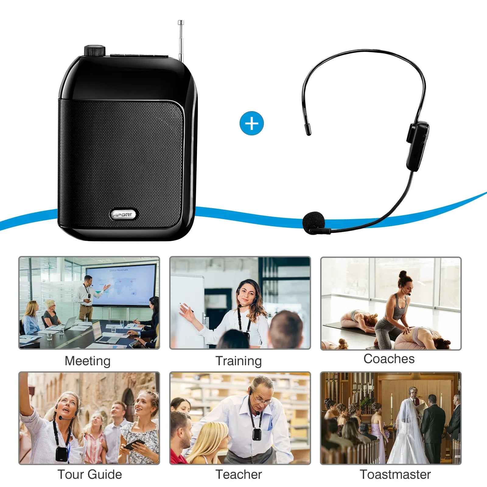 Black bluetooth uhf wireless voice amplifier portable with mesh grille and antenna paired with wireless headset for teaching lecture tour