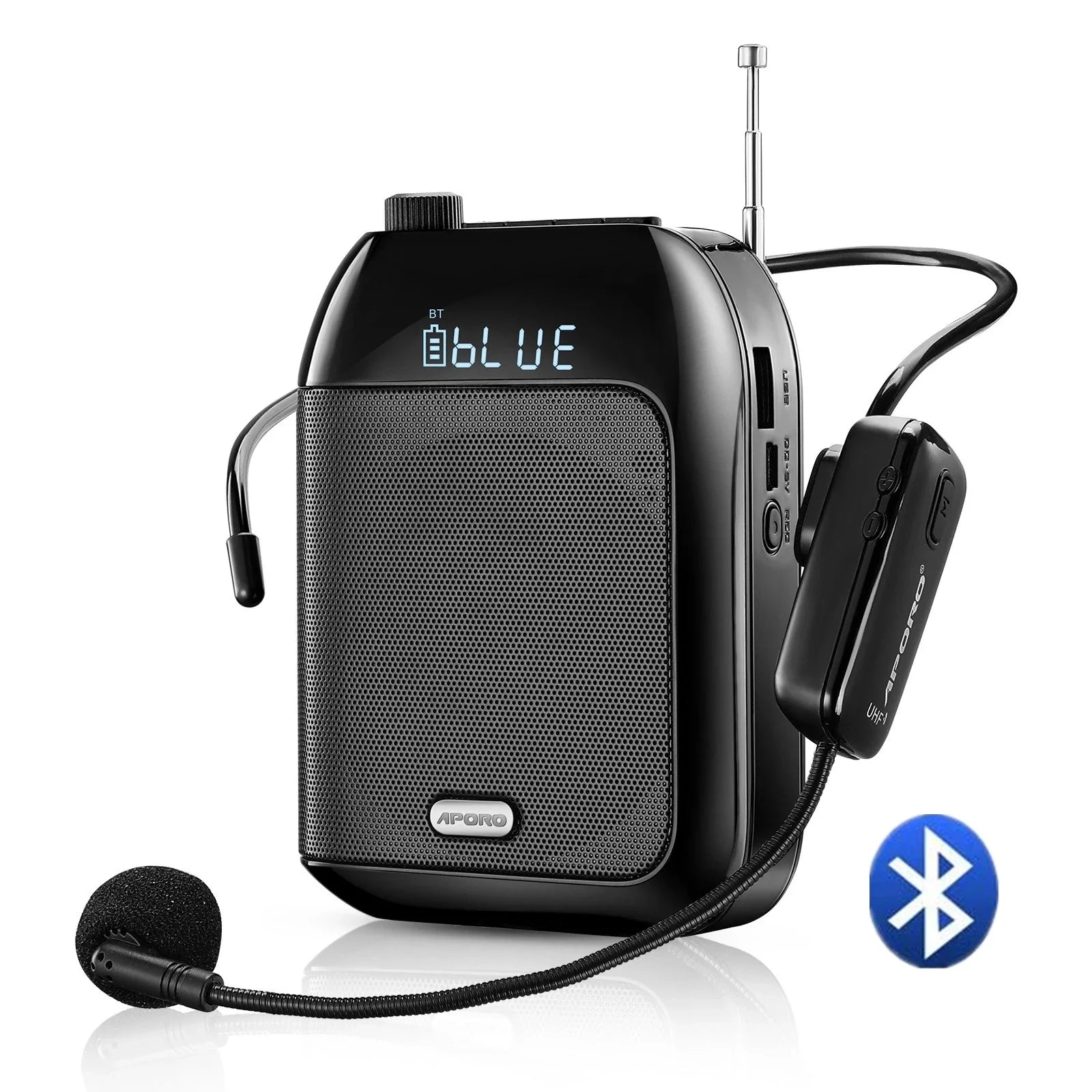 Black aporo bluetooth uhf wireless voice amplifier portable with speaker headset and detachable mic for teaching lecture tour