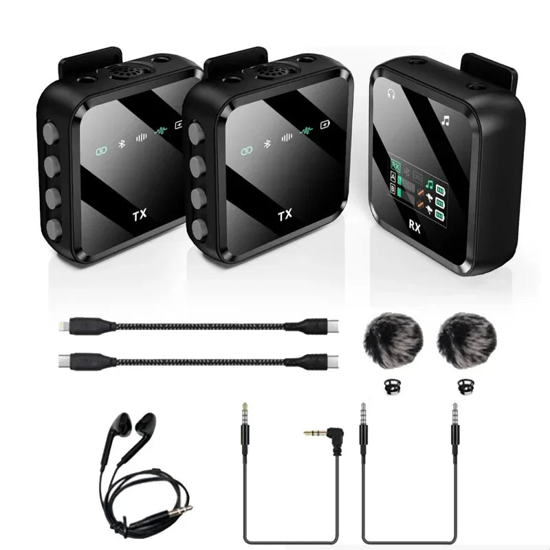 Black wireless video lavalier microphone system with tx and rx units, bluetooth voice recording, charging cable, and earbuds