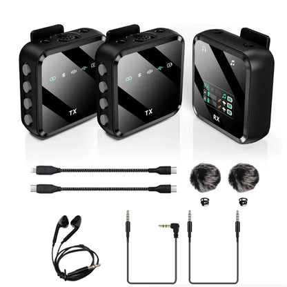 Black wireless video lavalier microphone system with tx and rx units, bluetooth voice recording, charging cable, and earbuds