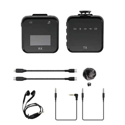 Black square bluetooth voice recording video lavalier microphone system with screen buttons charging cable earphones and mic