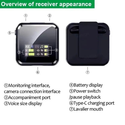 Black rectangular video lavalier microphone with glossy finish and integrated display screen for bluetooth voice recording