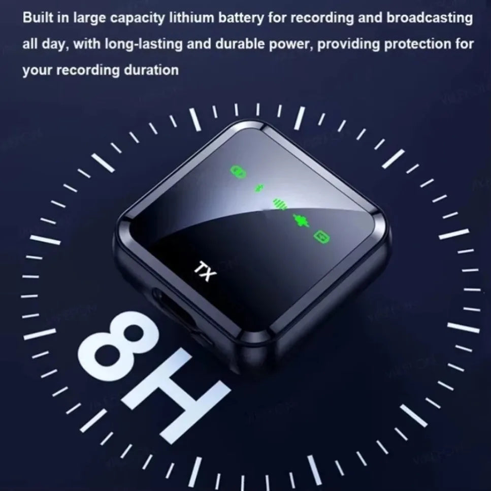 Black rectangular digital recorder with glossy finish and green icons for bluetooth voice recording and video lavalier microphone system