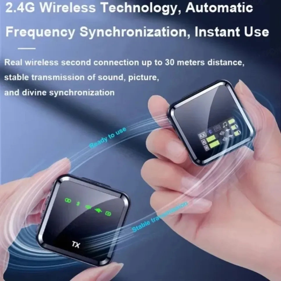 Black square wireless bluetooth voice recording audio transmitter and receiver with glossy finish and charging cable for video lavalier microphone system