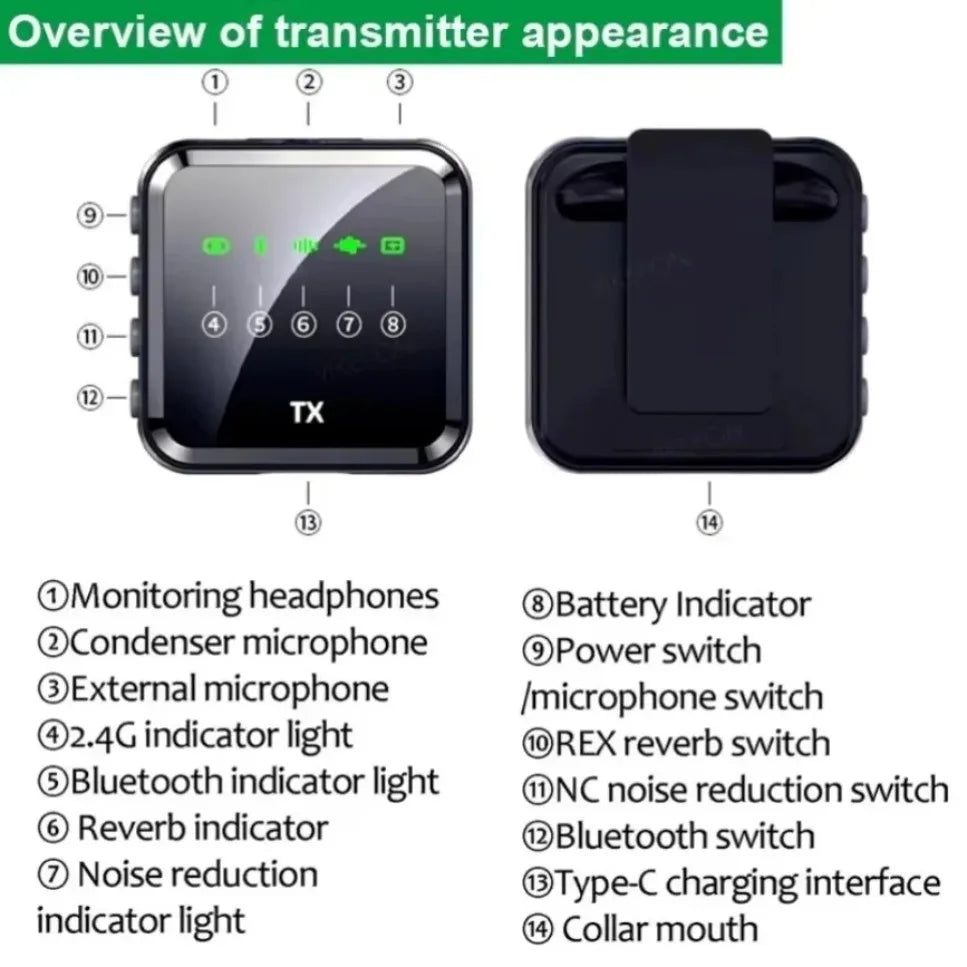 Black rectangular video lavalier microphone with glossy finish and green led indicators for bluetooth voice recording