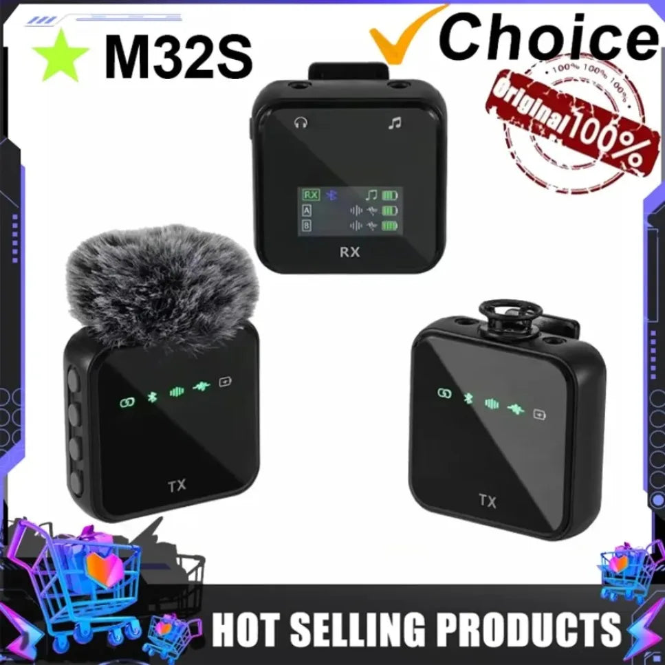 Black m32s bluetooth voice recording video lavalier microphone system with furry windscreen and digital display includes charging cable