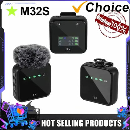 Black m32s bluetooth voice recording video lavalier microphone system with furry windscreen and digital display includes charging cable