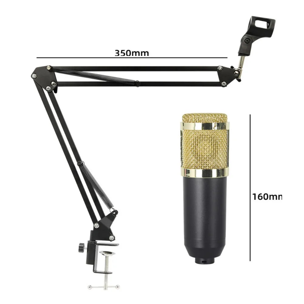 Black and gold bm800 condenser microphone with telescopic arm mount in microphone kit computer for audio mixer streaming use