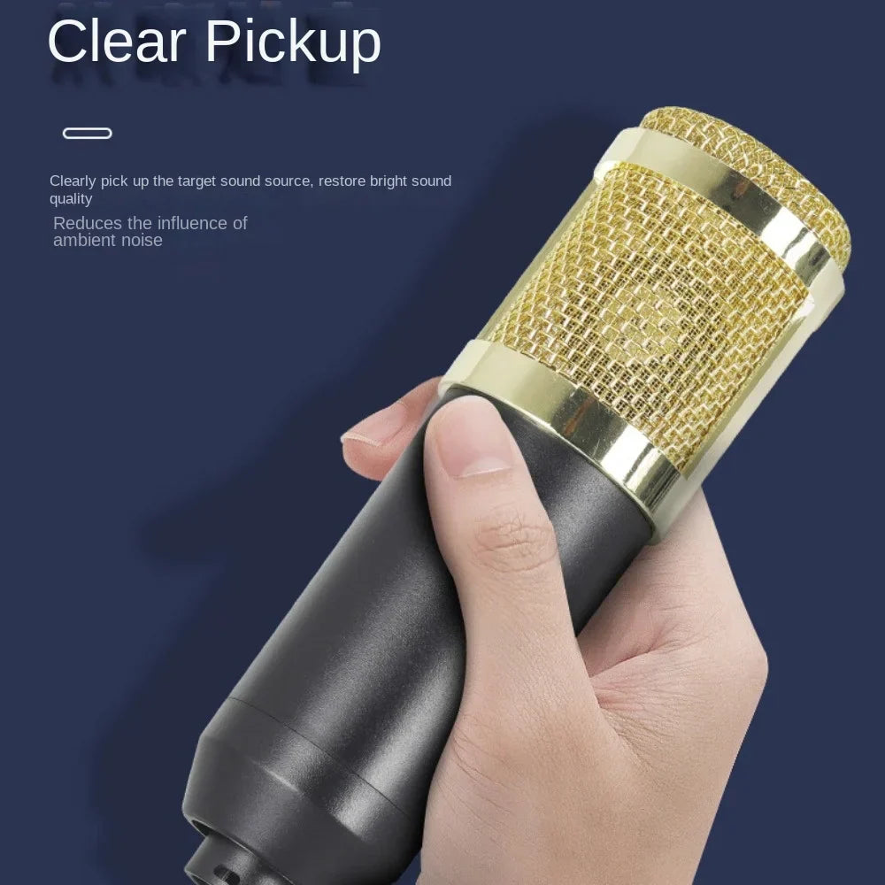 Bm800 condenser microphone kit featuring gold mesh grille and black body with metallic accents for audio mixer streaming