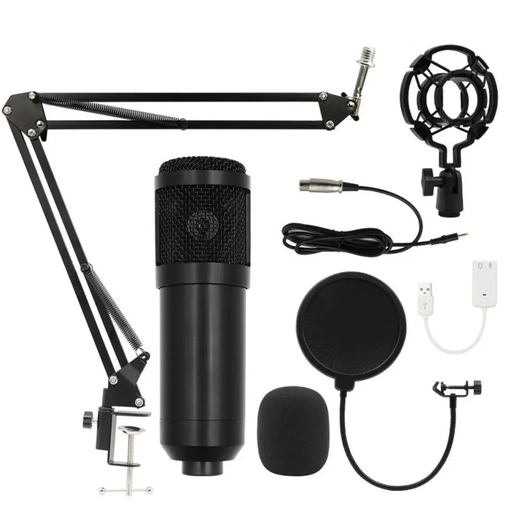 Black bm800 condenser microphone with mesh grille and metallic accents in a microphone kit computer for audio mixer streaming