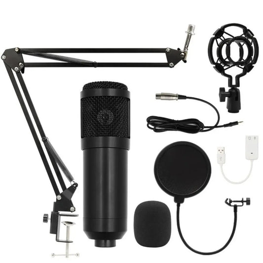 Black bm800 condenser microphone with mesh grille and metallic accents in a microphone kit computer for audio mixer streaming