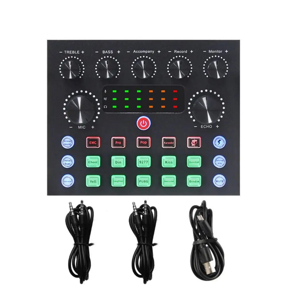 Black rectangular bm800 condenser microphone kit computer audio mixer streaming sound card with silver knobs and colorful function buttons