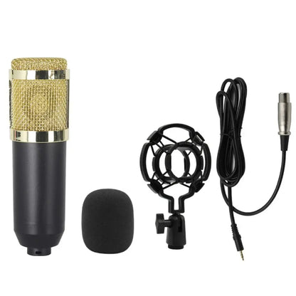 Bm800 condenser microphone with gold mesh and black body included in v8sound card set for smartphone live streaming