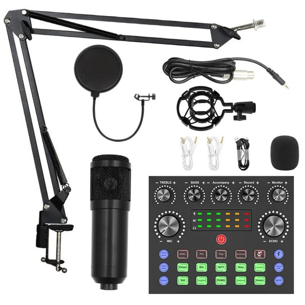 Black bm800 condenser microphone with mesh grille shock mount and v8sound card set for smartphone live streaming
