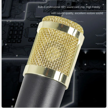Bm800 condenser microphone with gold mesh grille and polished chrome bands in v8sound card set for smartphone live streaming