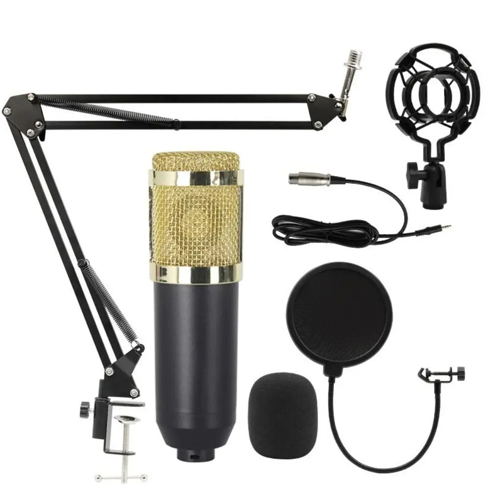 Bm800 condenser microphone in black and gold with mesh grille mounted on adjustable arm for smartphone live streaming with v8sound card set