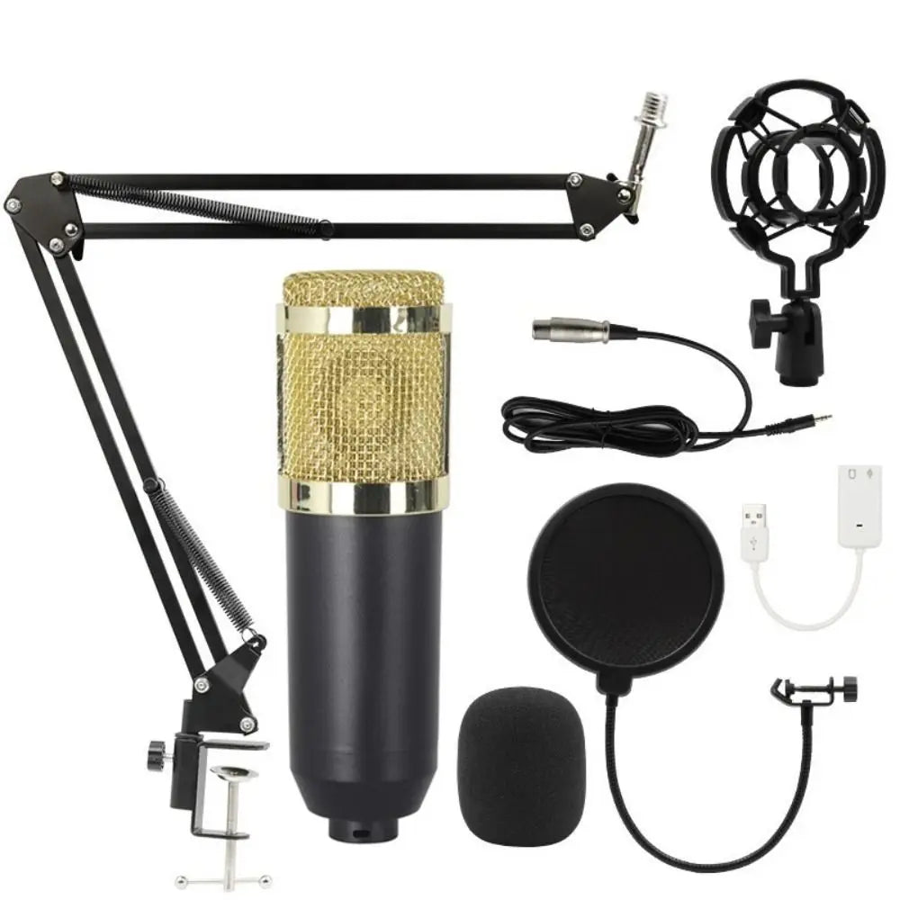 Bm800 condenser microphone black and gold with mesh grille on adjustable arm stand for smartphone live streaming v8sound card set