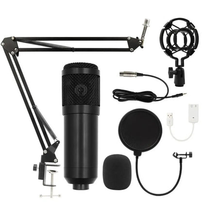 Black bm800 condenser microphone with mesh grille and metallic accents in v8sound card set for smartphone live streaming