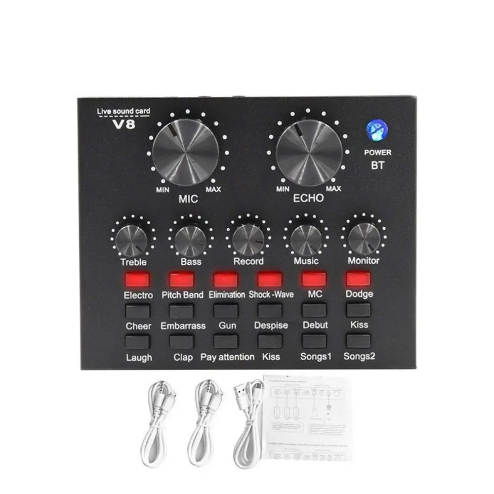 Black v8sound card set with silver knobs and red buttons for bm800 condenser microphone and smartphone live streaming
