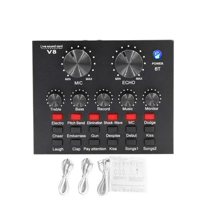 Black v8sound card set with silver knobs and red buttons for bm800 condenser microphone and smartphone live streaming