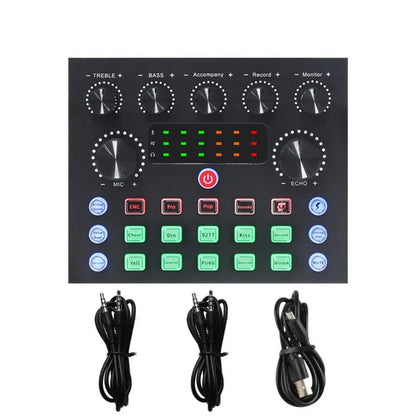 Black rectangular v8sound card set with silver knobs and colorful function buttons for bm800 condenser microphone smartphone live streaming