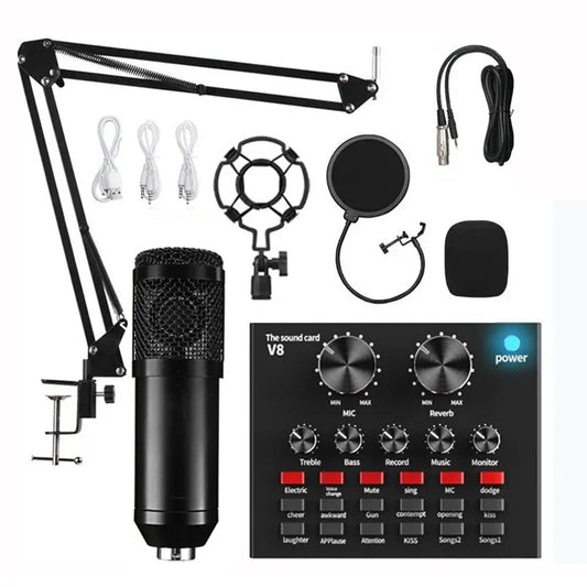 Black professional audio condenser bm800 v8 sound card microphone with mesh grille and cardioid polar patterns mounted on arm stand