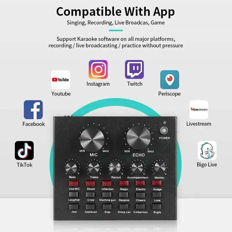 Black rectangular bm800 v8 sound card with silver knobs and labeled controls for professional audio condenser and vocal effects