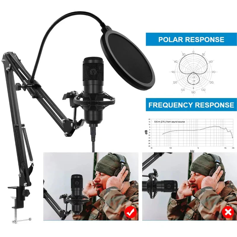 Black professional audio condenser microphone with pop filter and adjustable arm featuring bm800 v8 sound cardioid polar patterns