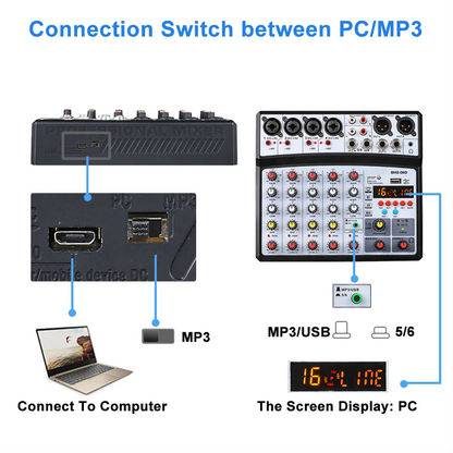Black bmg good price small music mixer with 7 channel sound mixer, phantom power, knobs, and digital display screen