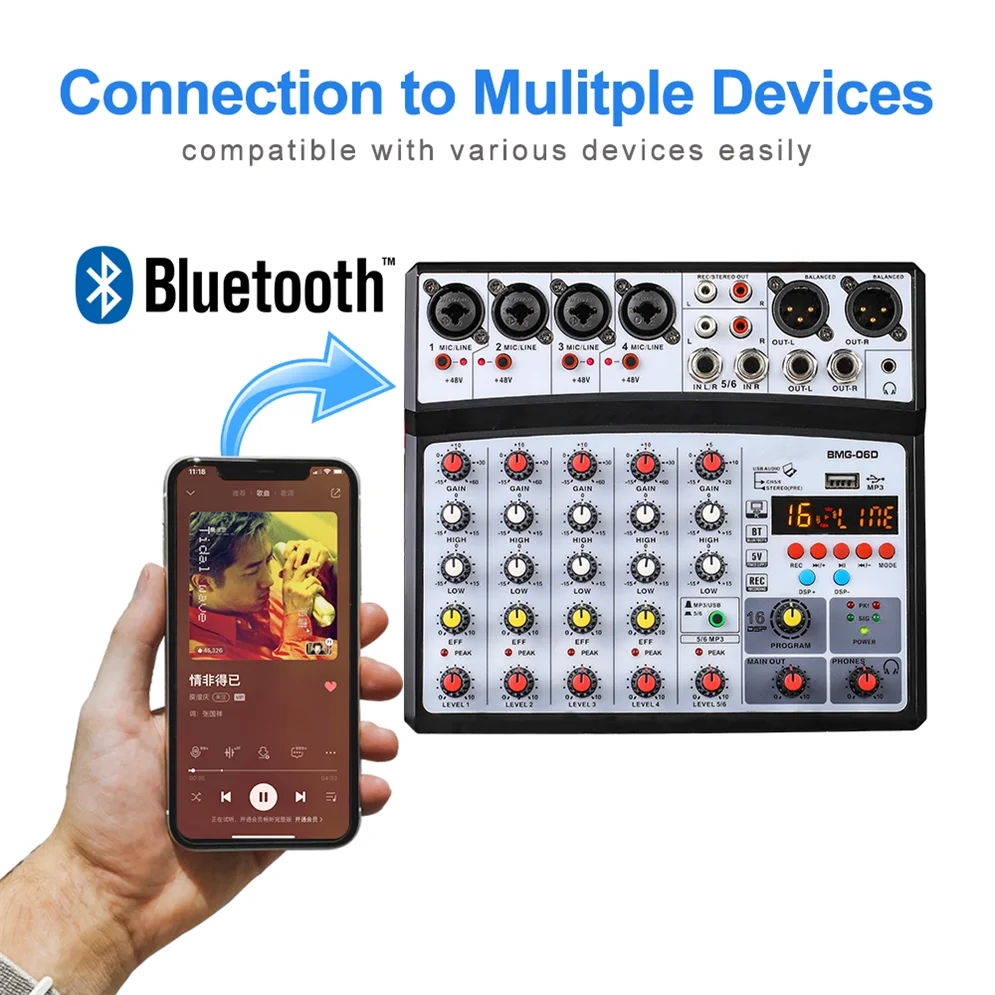 Black and silver bmg-06d small music mixer with phantom power digital display and multiple input output ports