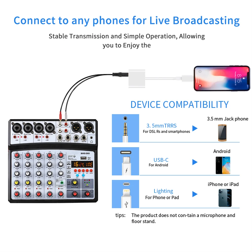 Black and silver bms-802 small music mixer with multiple jacks knobs digital display and phantom power for live broadcasting