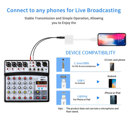 Black and silver bms-802 small music mixer with multiple jacks knobs digital display and phantom power for live broadcasting
