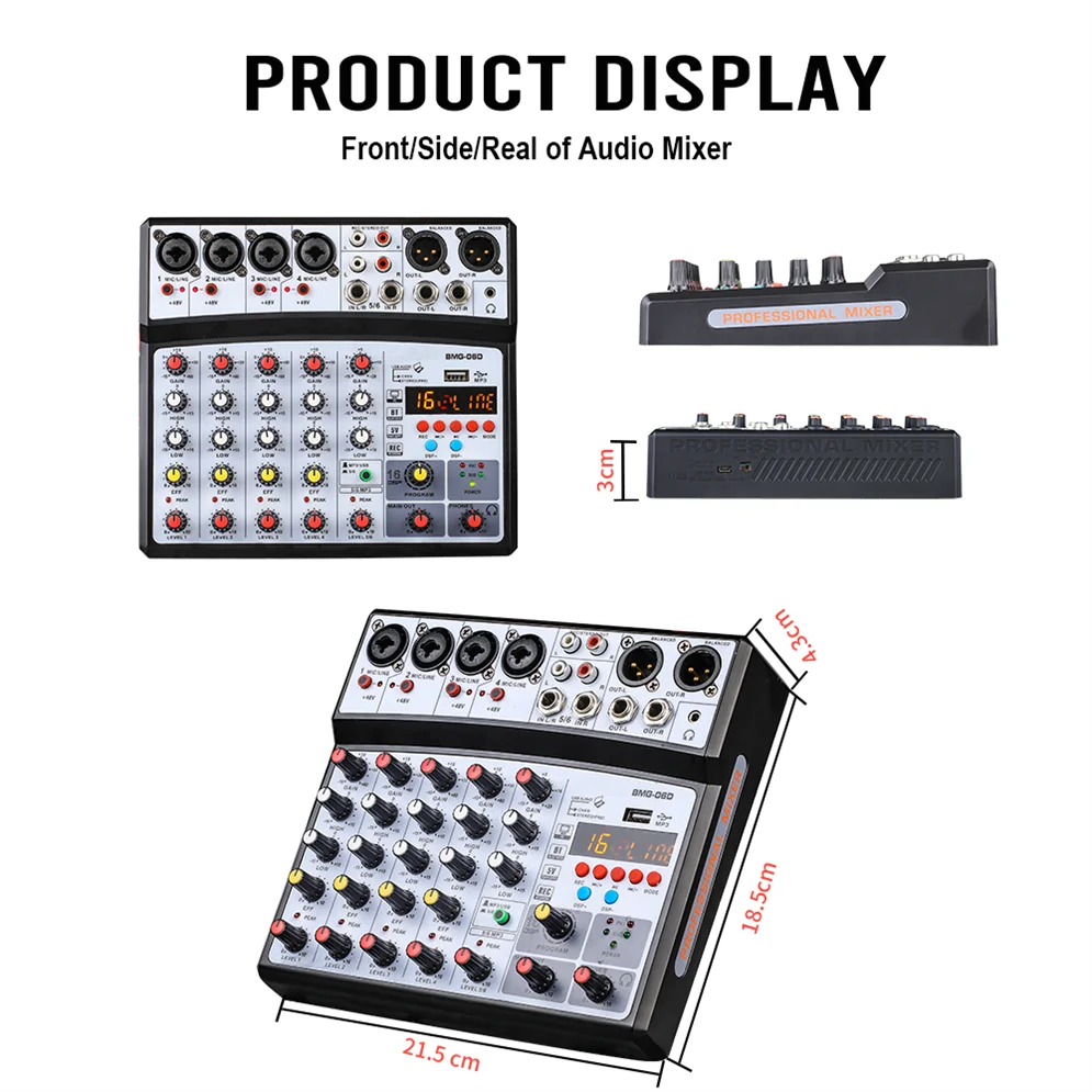 Black and silver bmg good price mp3 small 7 channel sound mixer with phantom power and digital display