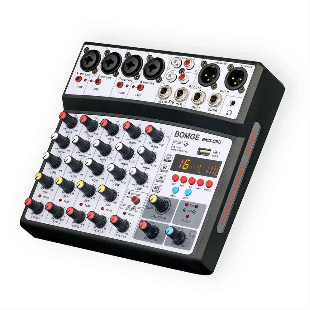 Black and white bomge bmg-06d small music mixer with seven channels phantom power and digital display for audio mixing