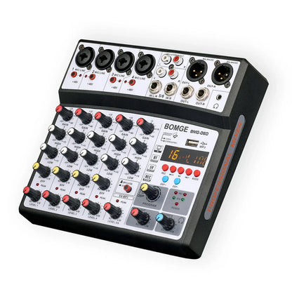 Black and white bomge bmg-06d small music mixer with seven channels phantom power and digital display for audio mixing
