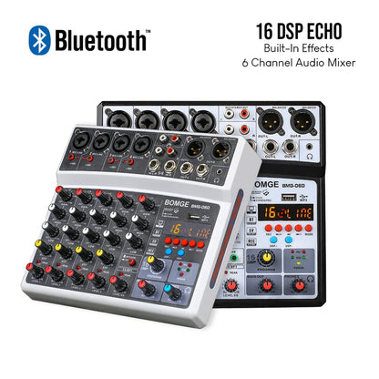 White and black bomge bmg-dsb 16 dsp echo audio channel sound mixer with bluetooth and phantom power for small music use