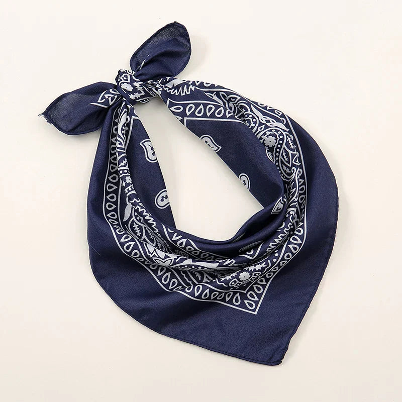 Navy blue bohemian print bandana with white paisley and skull patterns suitable as printed headbands hiphop wrist wraps face mask