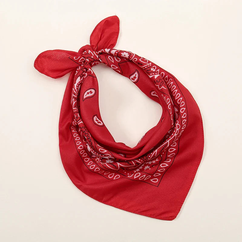 Red bohemian print bandana with white paisley decorative border for printed headbands hiphop wrist wraps face use