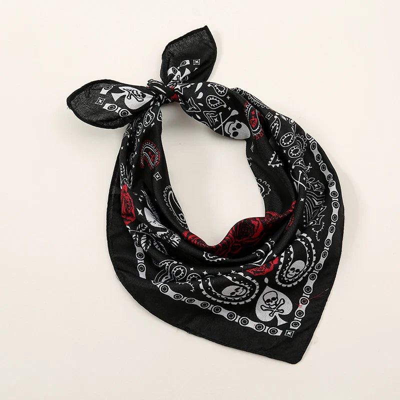 Black bohemian print bandana with white and red skull crossbones paisley and spade patterns printed headbands hiphop wrist wraps face