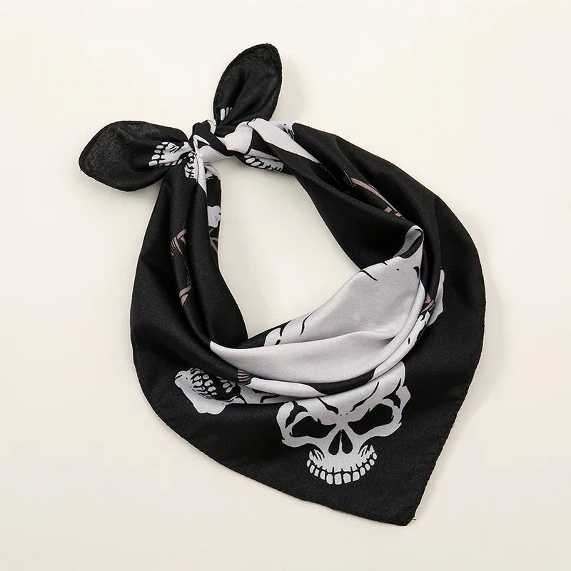 Black skull-patterned bohemian print bandana with white and gray skeletal design for printed headbands hiphop and wrist wraps face