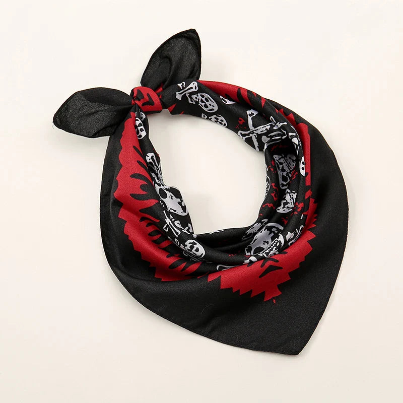 Black and red skull-patterned bohemian print bandana with bold graphic design for printed headbands hiphop and wrist wraps face