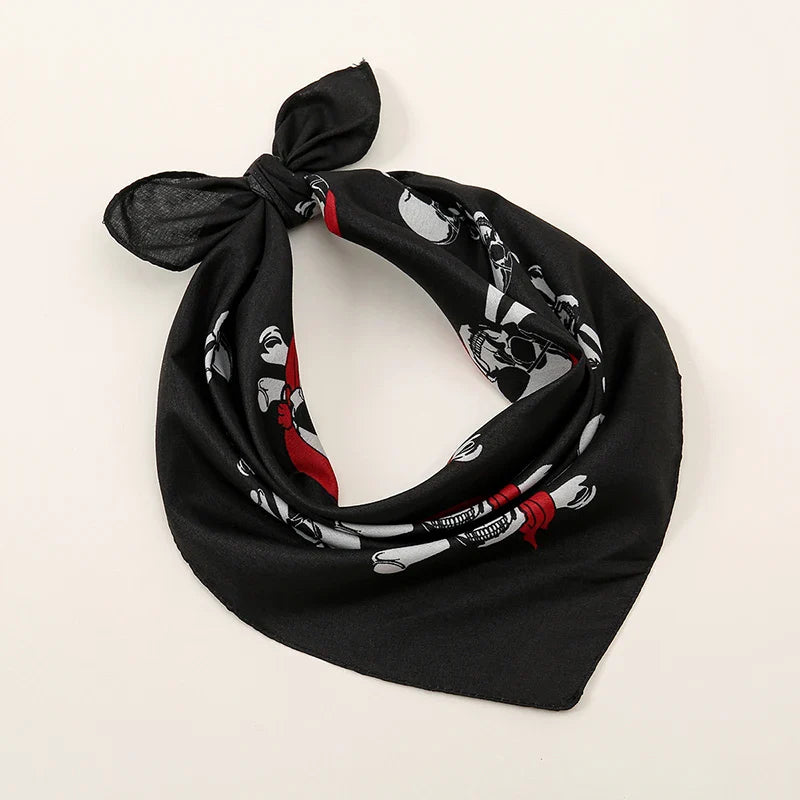Black bohemian print bandana with white and red skull and crossbones tied knot for printed headbands hiphop wrist wraps face use