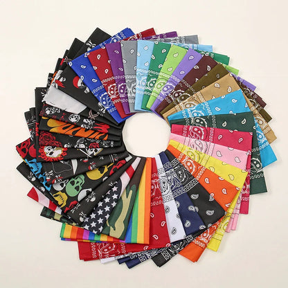 A vibrant bohemian print bandana featuring colorful skull paisley and star patterns for printed headbands hiphop wrist wraps face