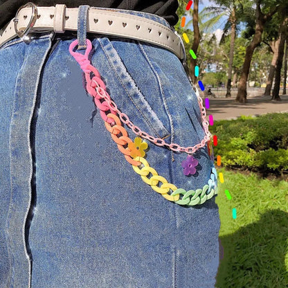 Bohemian rainbow resin waist chain multicolor with heart-studded buckle and flower charms resin chain keychains