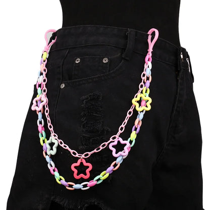 Bohemian rainbow resin chain keychains featuring pastel multicolor star-shaped resin links worn as a waist chain accessory
